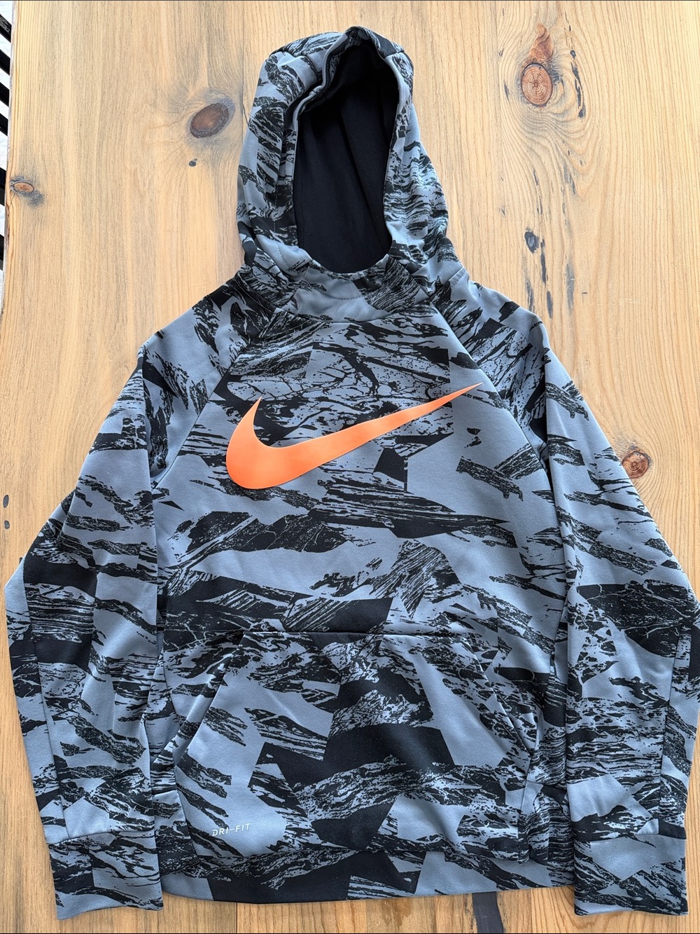 Nike Gray & Black Graphic Hoodie with Orange Swoosh